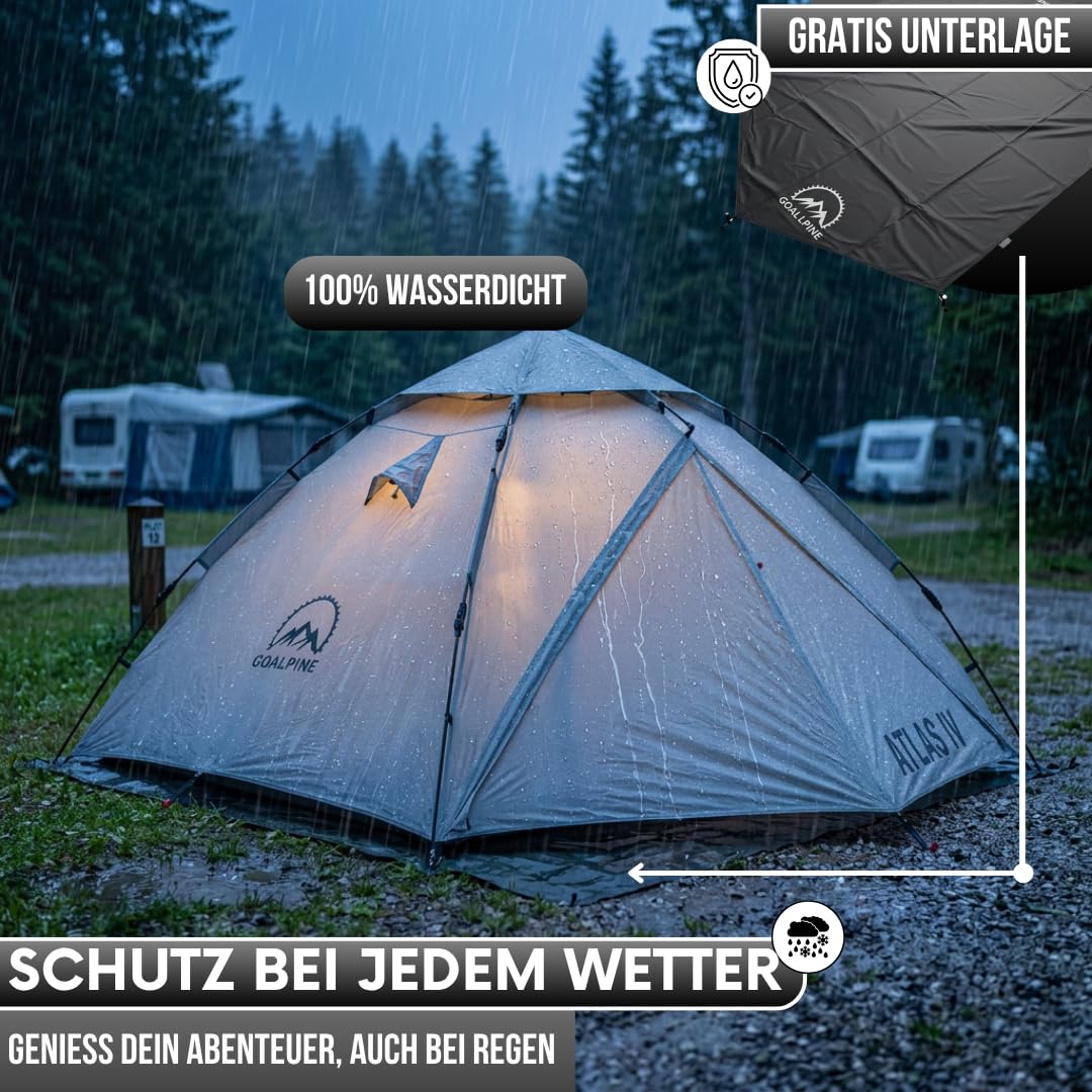 GOALPINE® Atlas IV Wurfzelt Pop-up Zelt für 2-4 große Personen, 100% Wasserdicht, in 40 Sekunden aufgetellt, 3 in 1 für Camping, Festival & Strand, Innen Leicht Verdunkelt
