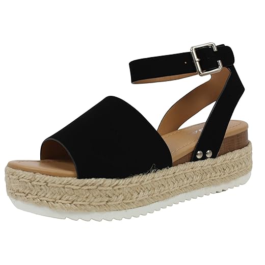 Vintage Espadrille Jute Wrap Flatform Flat Sandal Shark Tooth Eva Outsole 6 M US, Black Nubuck