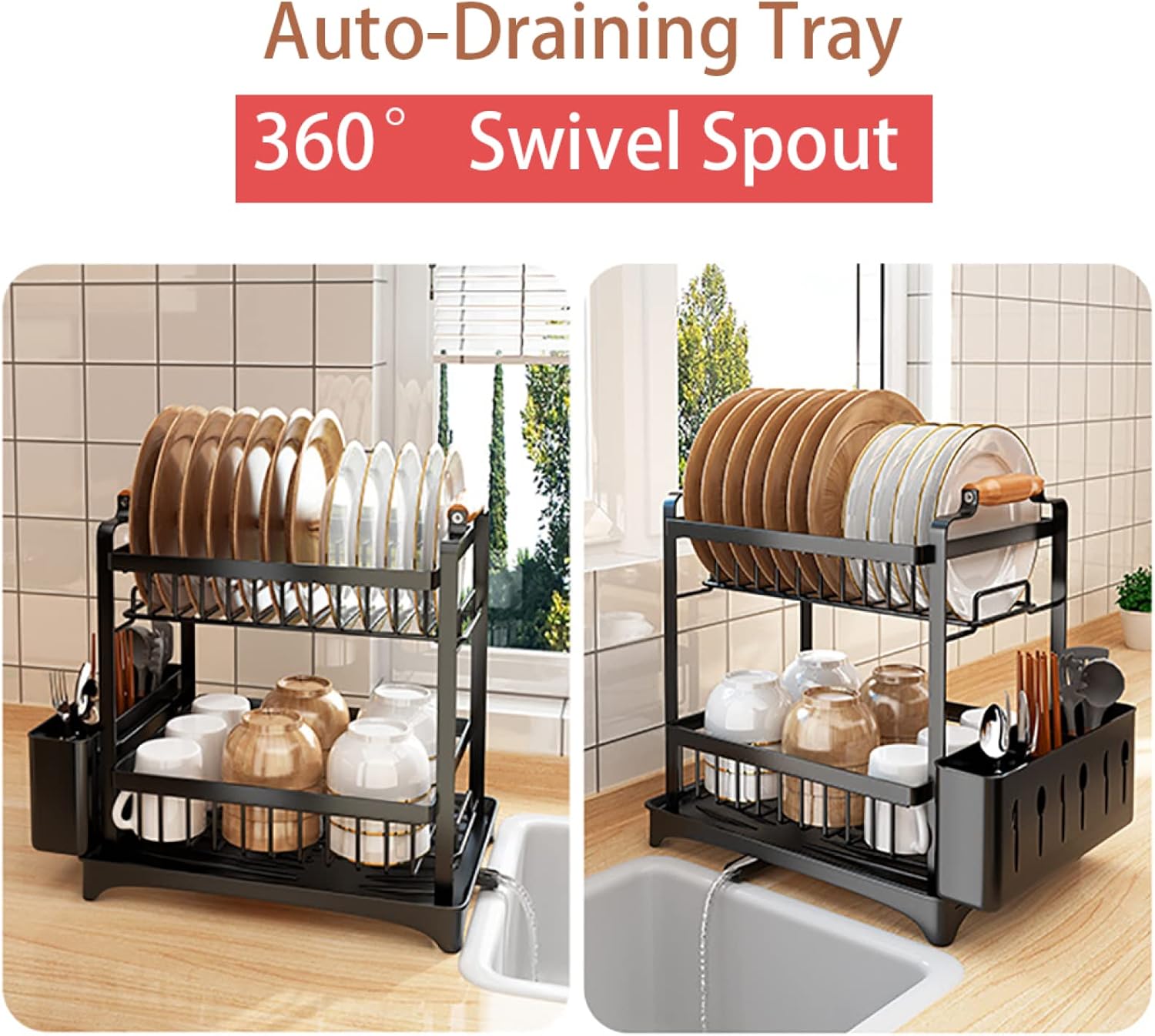 CAKERS 2 Tier Carbon Steel Dish Drying Rack|Dish Drainer for Kitchen Counter|Dish Strainers with Auto-Draining Tray|Drying Rack with Utensil Holder|36x24.5x37.5cm(14.1x9.6x14.7in),Black