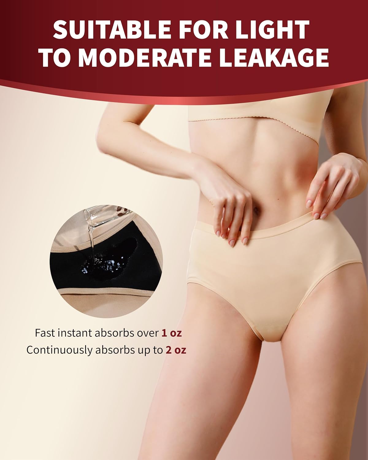 Incontinence Underwear for Women Washable, 2 oz Maximum Abosrbency Panties for Bladder Leak Proof Protection 2 Pack (Beige, L) - Image 3