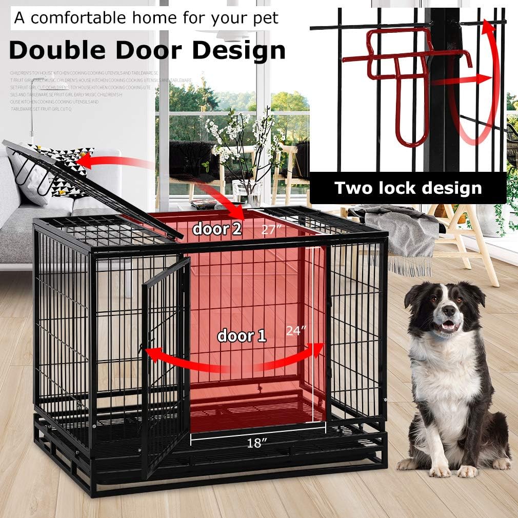 Dog Crate Dog Cage Dog Kennel for Large Dogs Heavy Duty 42 Inches Pet Playpen for Training Indoor Outdoor with Plastic Tray Double Doors & Locks Design