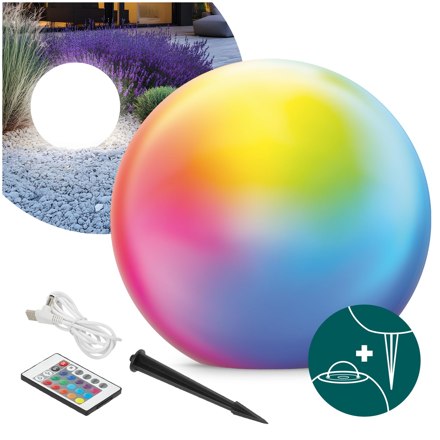 Stein Kugelleuchten Außen SOLAR LED GARDEN BALL 3000K + RGB Gartenlampe Multicolor IP54 (40 cm)