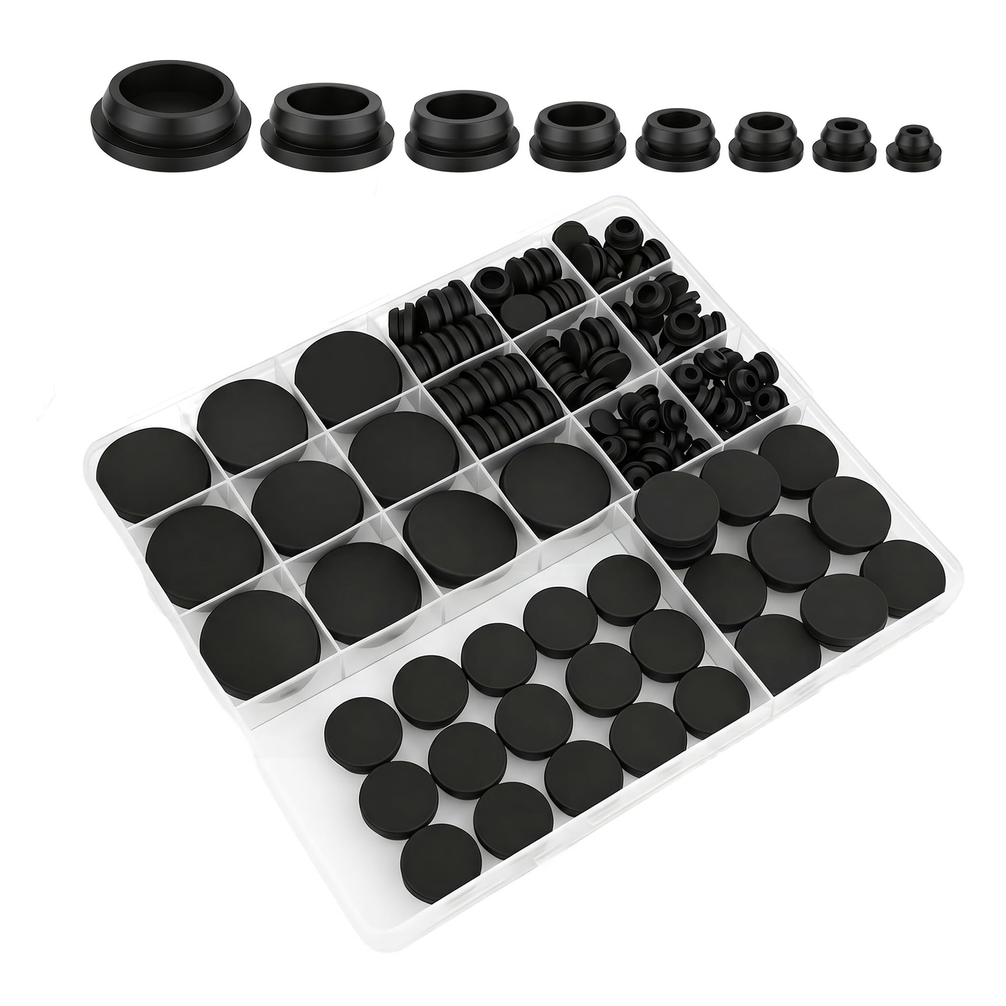 125 Pcs Rubber Grommets, 8 Sizes Black T Shaped Snap Locking Rubber Plugs