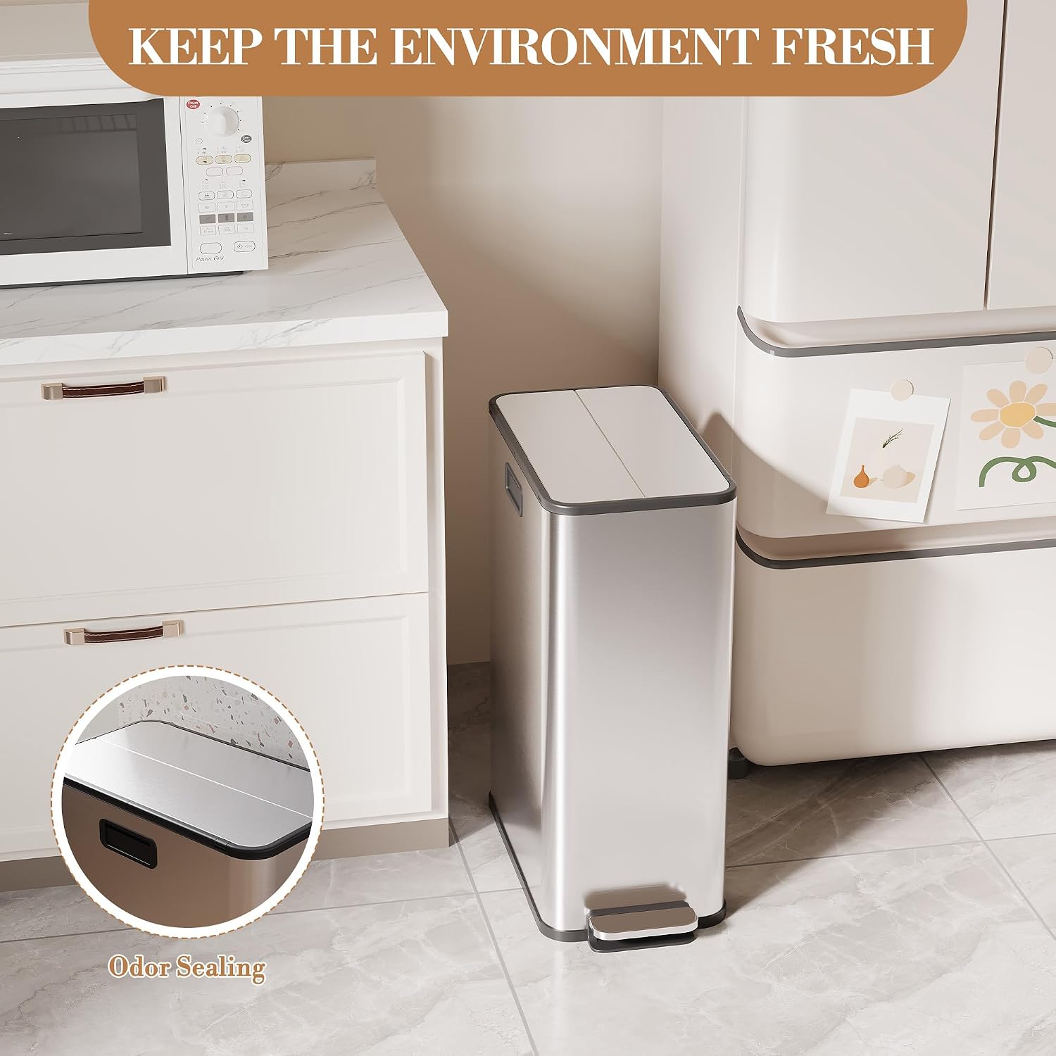Takywep 15-Gallon Dual Trash Can, 2x28l Stainless Steel Large Kitchen Trash Bin with Removable Inner Buckets & Butterfly Lid, Step-on Pedal Kitchen Rubbish Bin for Kitchen, Living Room, Silver