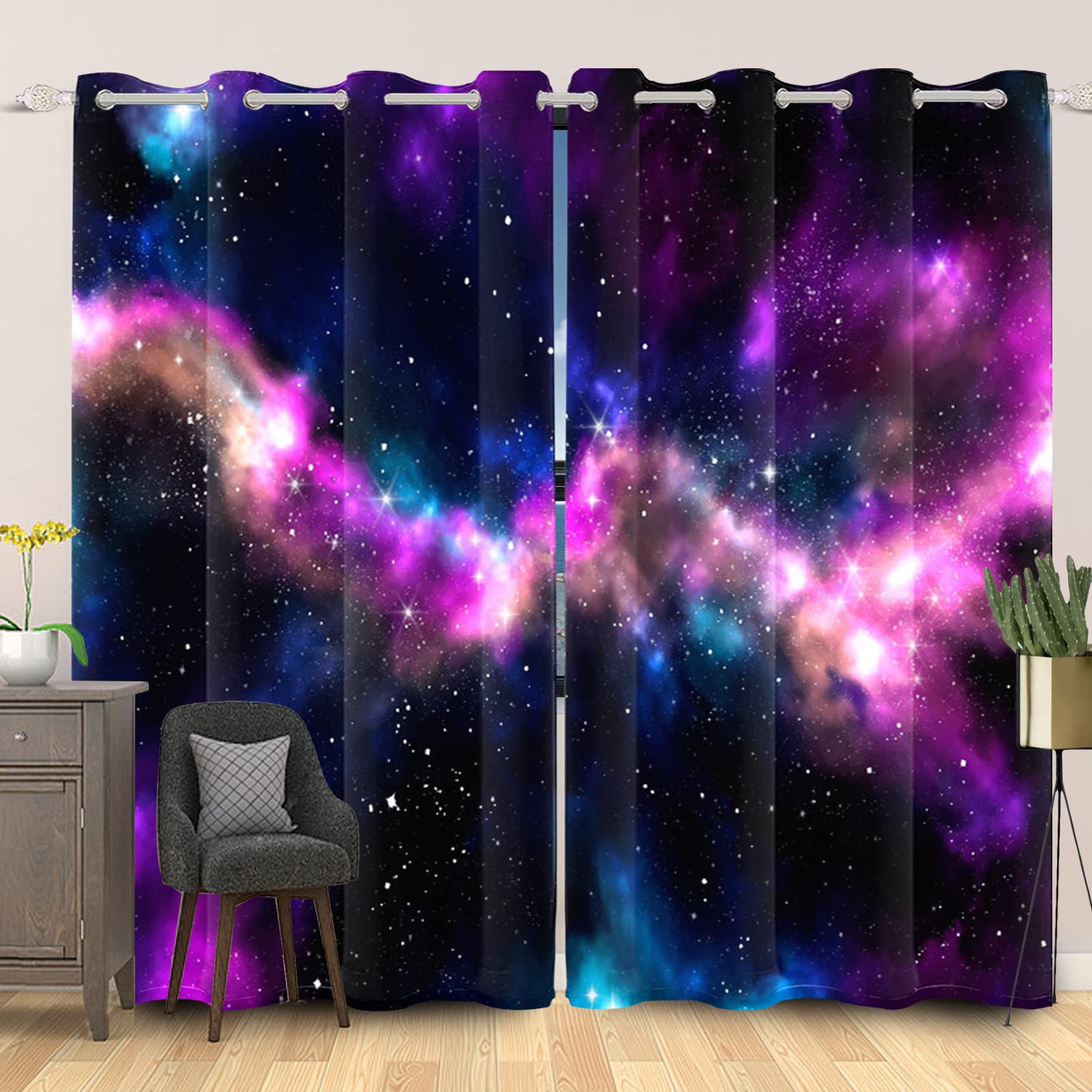 132x214cm Galassia Tenda della finestra Spazio Viola Stellato Notte Cielo Tende per finestre Universo Pianeta Tende opache per camera letto Isolamento termico Tenda oscurante, 2 pannelli