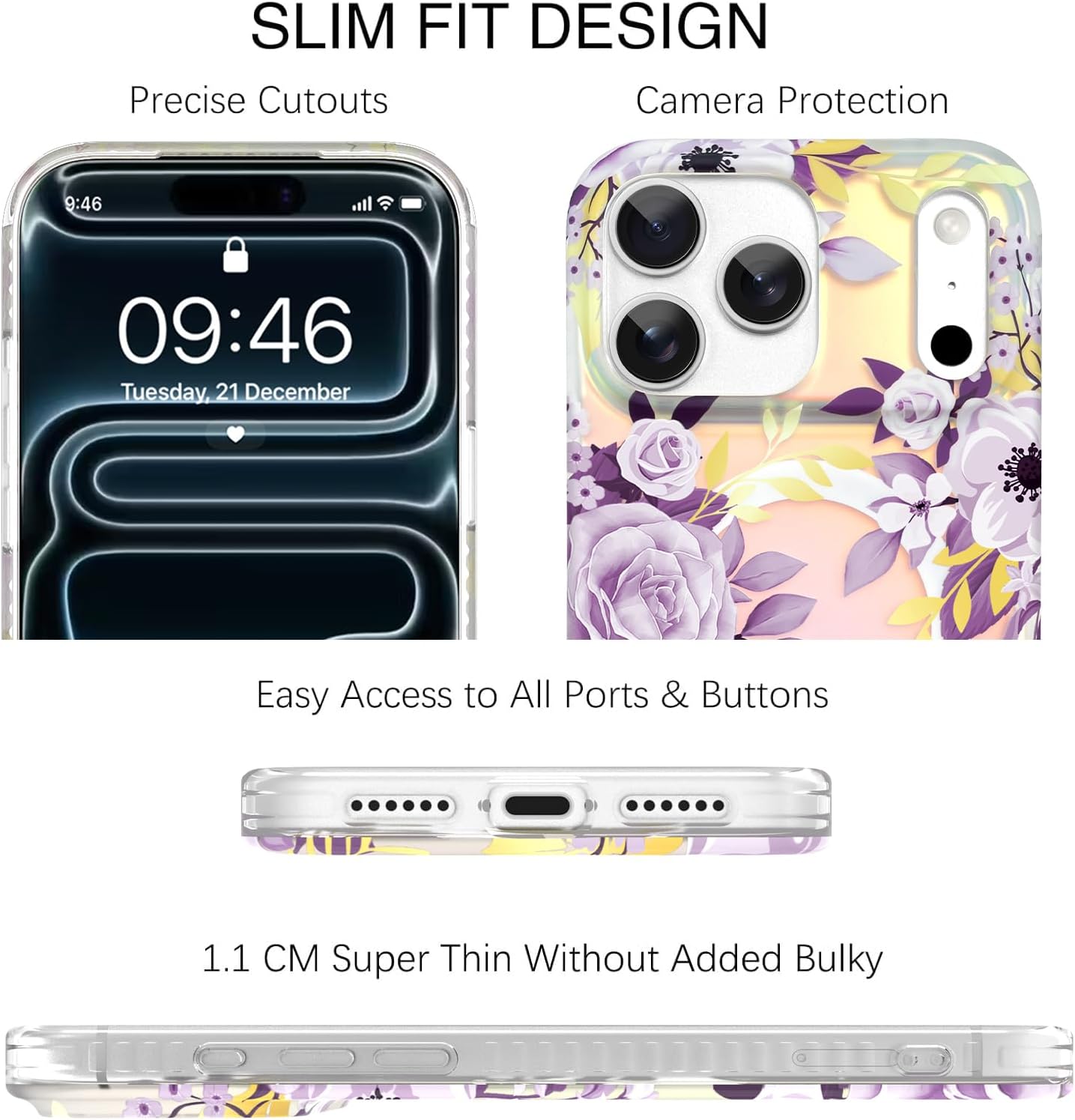 TEAUGHT for iPhone 17 Pro Max Case Compatible with MagSafe, Cute Clear Rose Flower Pattern Iridescent Gradient Design Cover Slim Magnetic Hard Back Shockproof Phone Case for Women Girls, Purple