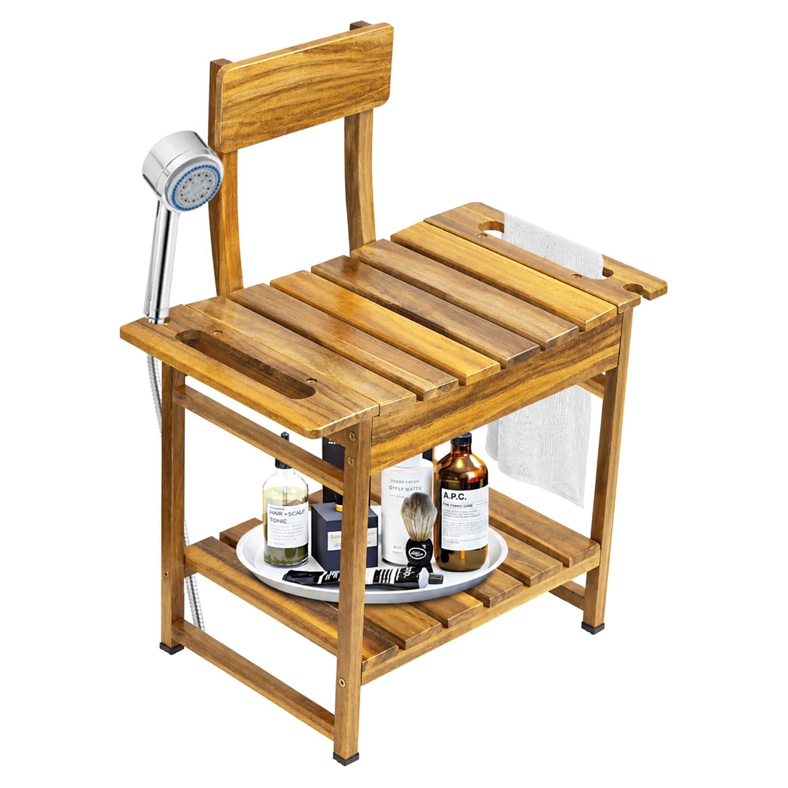 Photo 1 of Shower Chair with Backrest,Bath Chair for Inside Shower or Tub,Heavy Duty Design with Buit-in Handles, Non Slip Feet, Lower Shelf Storage for Elderly or Senior Supports Up to 450 lbs(Brown)