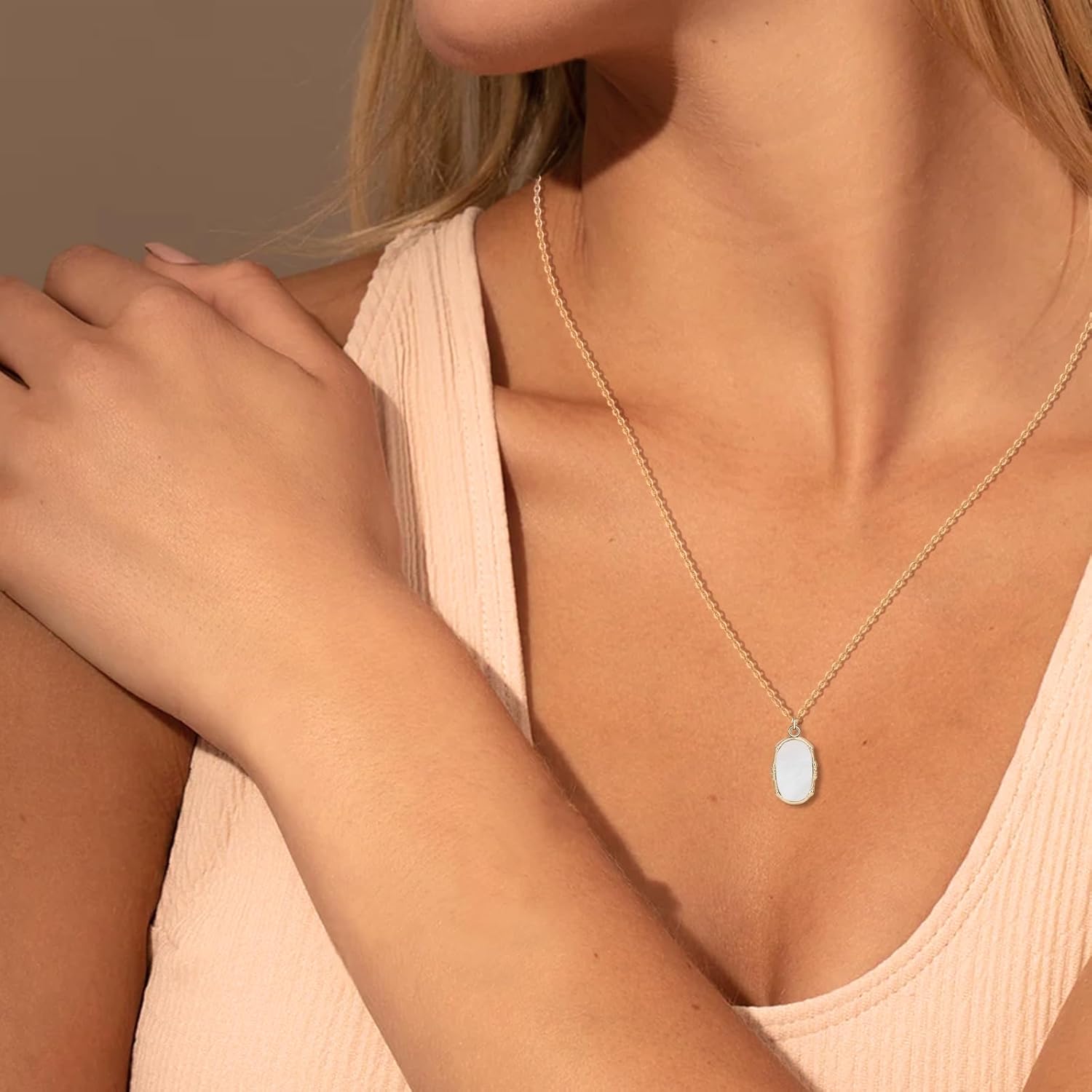 14K Gold Plated Womens Pendant Necklace,Lightweight Natural Stone Necklaces for Women Oval Square Crystal Agate Jewelry Adjustable Chain Gifts Box - Image 6