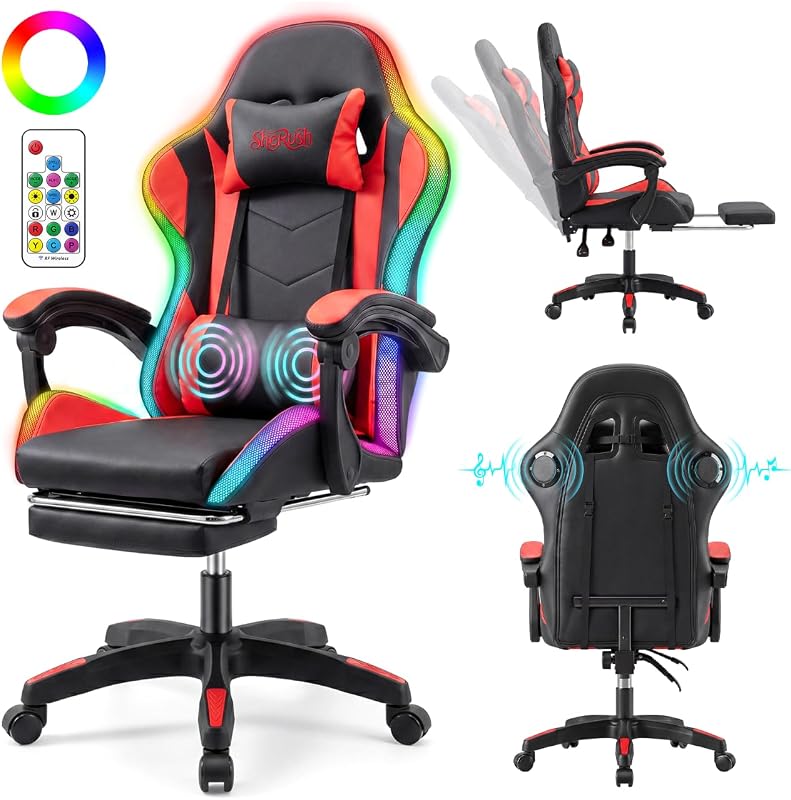 Silla Gaming con Luces LED RGB, Silla Ergonómica para Videojuegos | Silla de PC con respaldo alto y reposapiés | Soporte lumbar y reposacabezas| Silla Gamer reclinable para adultos | Capacidad de 380 libras | Rojo