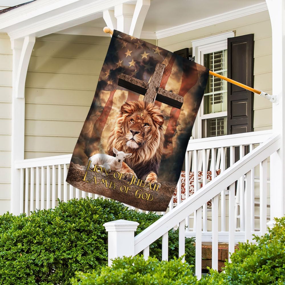 American Flag-Lion Of Judah Lamb Of God Cross v1 Flag, House Flag (29.5" x 39.5")-USA Flags Premium Polyester-Decorative Indoor Outdoor Flag