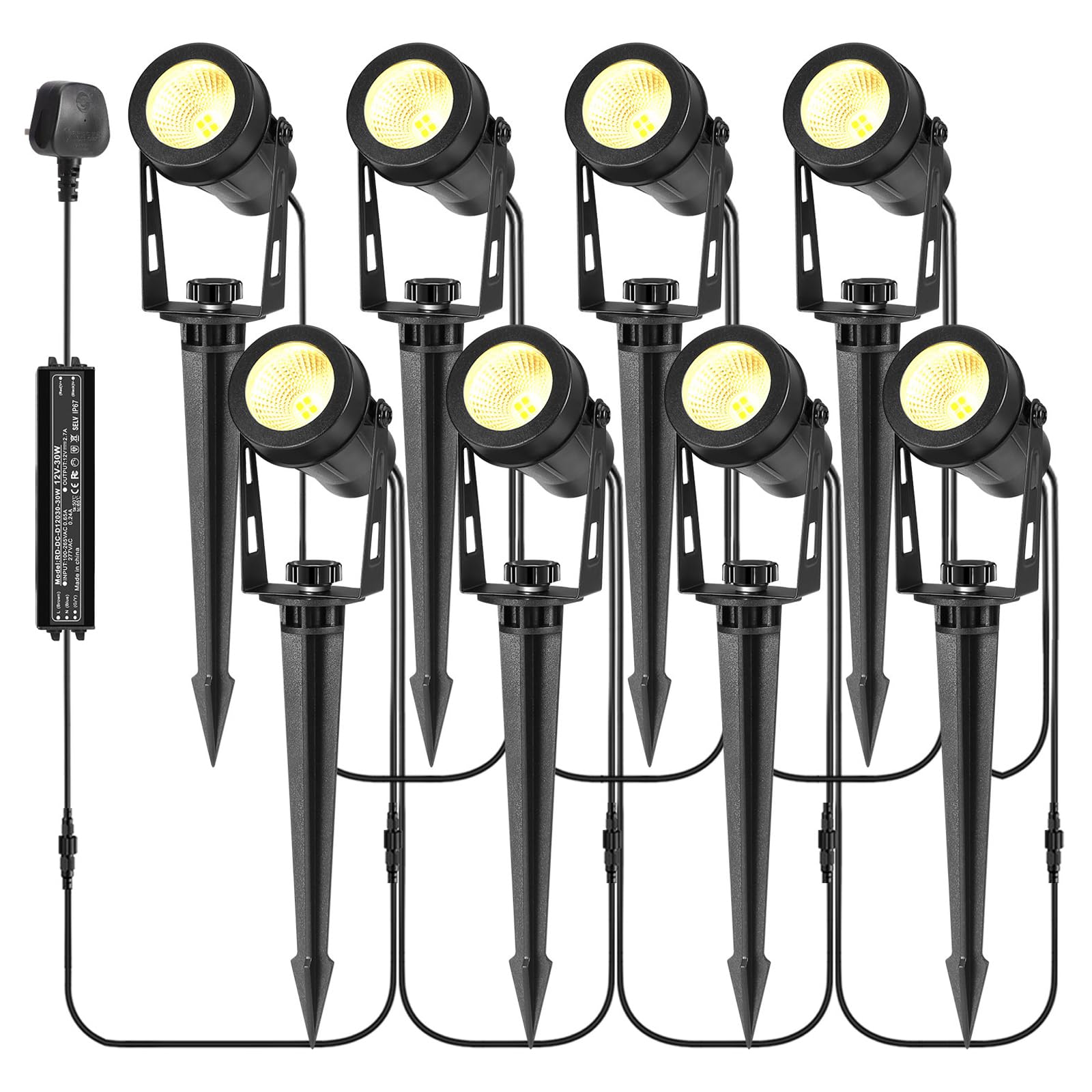 B-right Garden Spike Lights, 8in1 12V Garden Lights Mains Powered, 27M Extendable LED Outdoor Lights Mains Powered