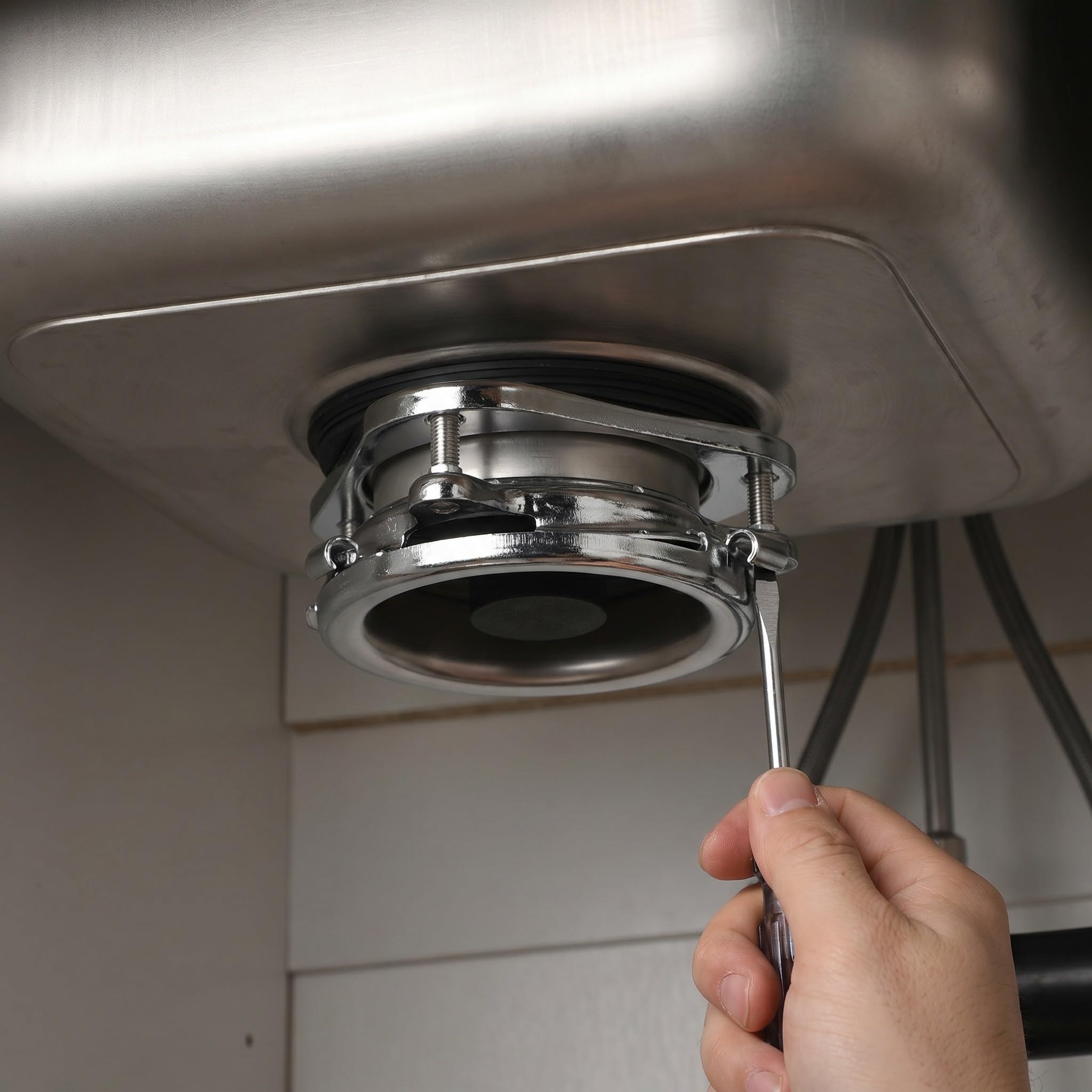 Tofficu Flange para Triturador de Basura de Cocina de Acero Inoxidable con Sistema de Bloqueo de Triple Punto y Montaje con Tornillos para Fregadero