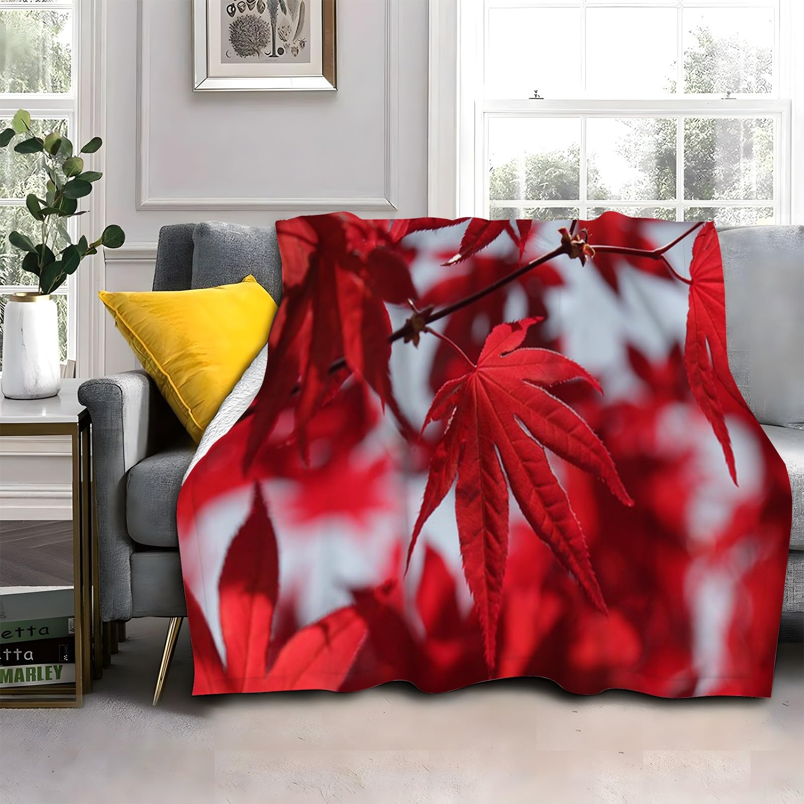 Couverture polaire feuilles d'érable rouge plaid épais doux haut de gamme 180x200