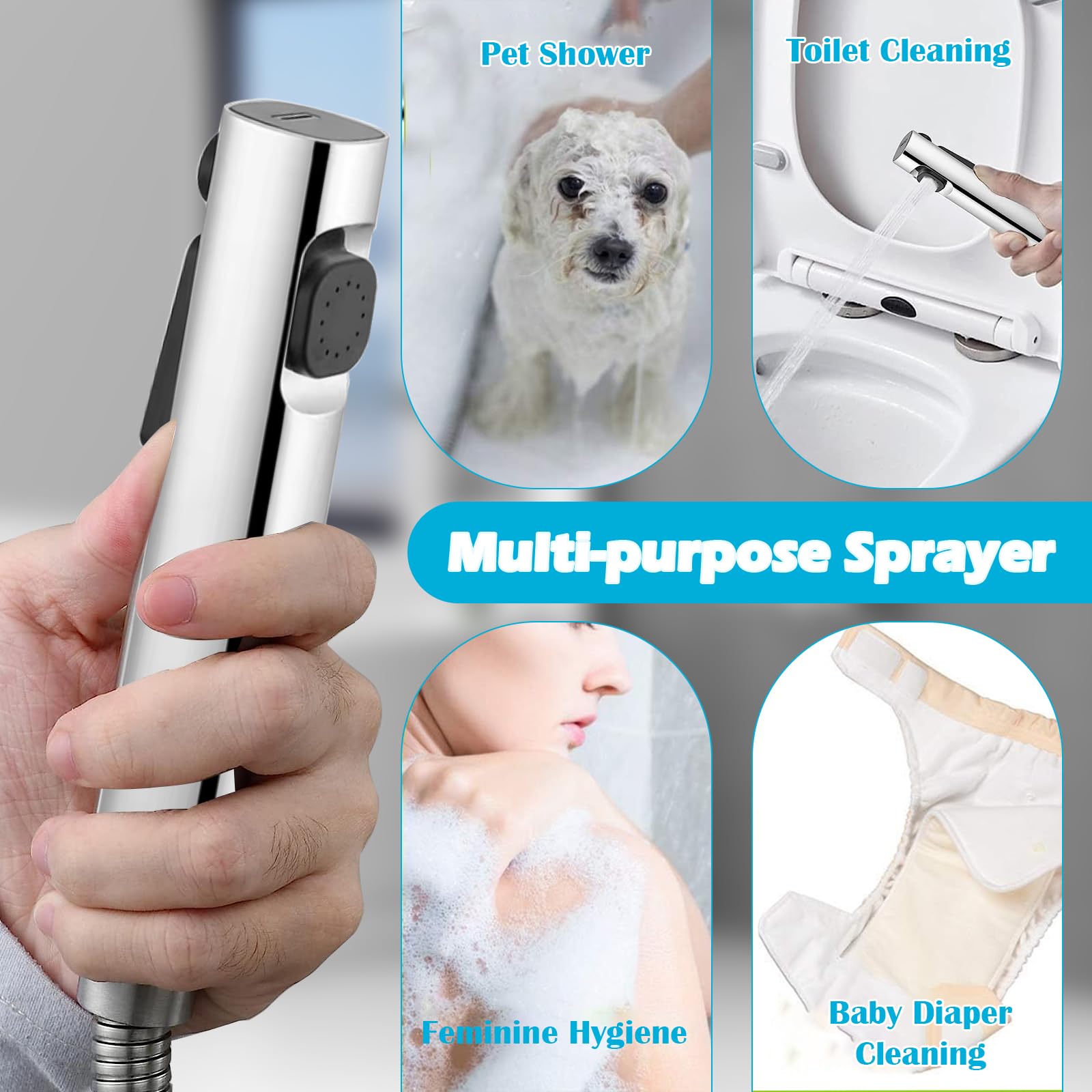 Kit Douchette wc,ABS Pulvérisateur de toilette pour bidet,jet à deux fonctions, facile à installer, avec Vanne 3 Voies (1/2"-3/8"),tuyau de douche de 150 cm et support de douche(Argent)