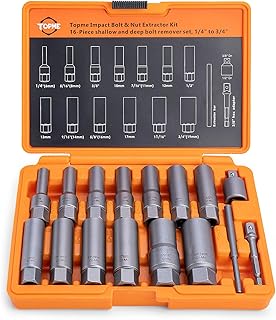 Deep Bolt Extractor Set,16 PCS Impact Bolt & Nut Remover Set, Stripped Lug Nut Remover, Extraction Socket Set for Removing Spark Plug, Damaged Rounded-Off Bolts, Nuts, Studs, Threaded Tubes