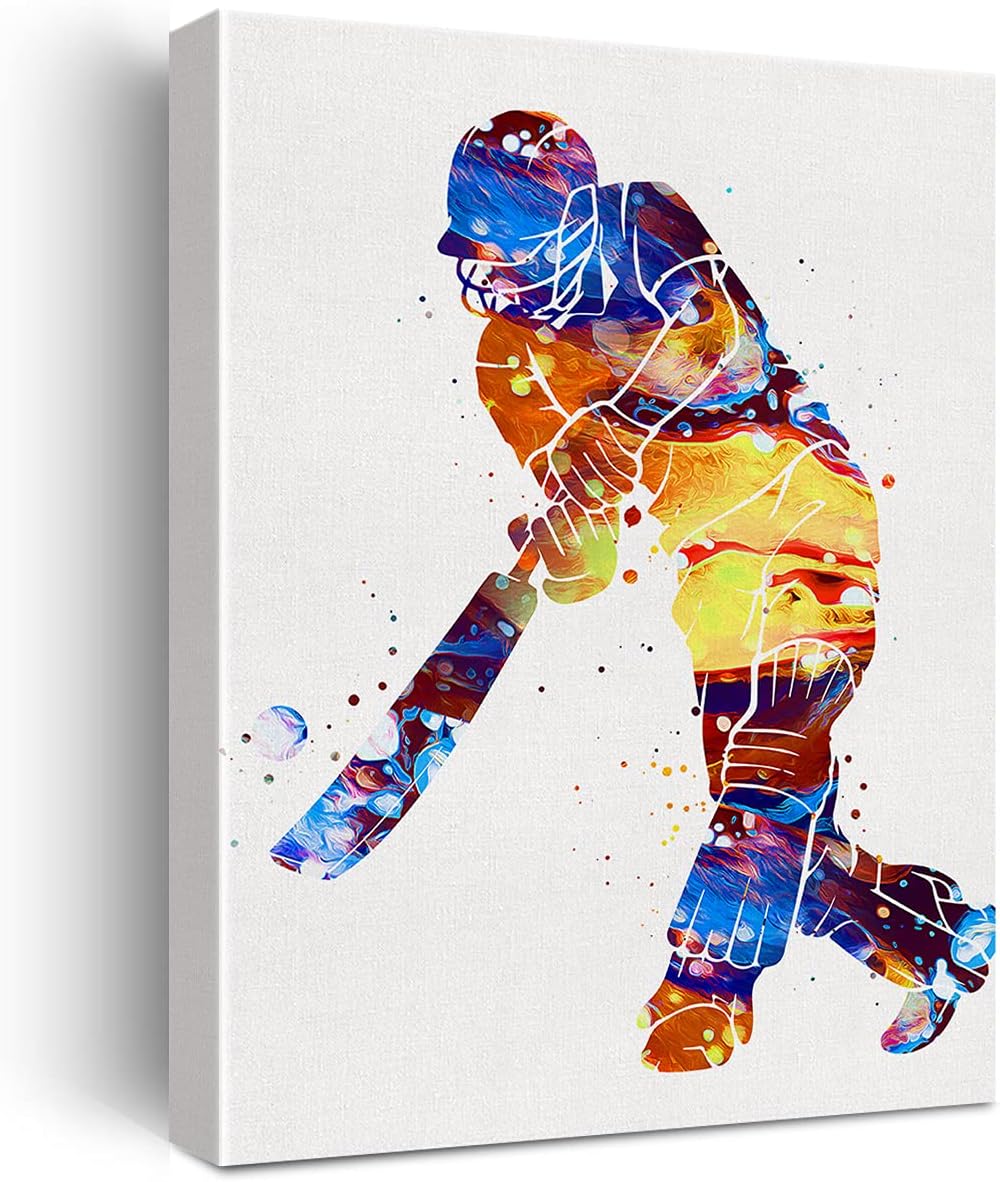 Cricket Player Watercolor Wall Art Male Cricket Canvas Painting Prints for Home Wall Decor Framed Artwork Cricket Player Gifts(12x15 Inch)