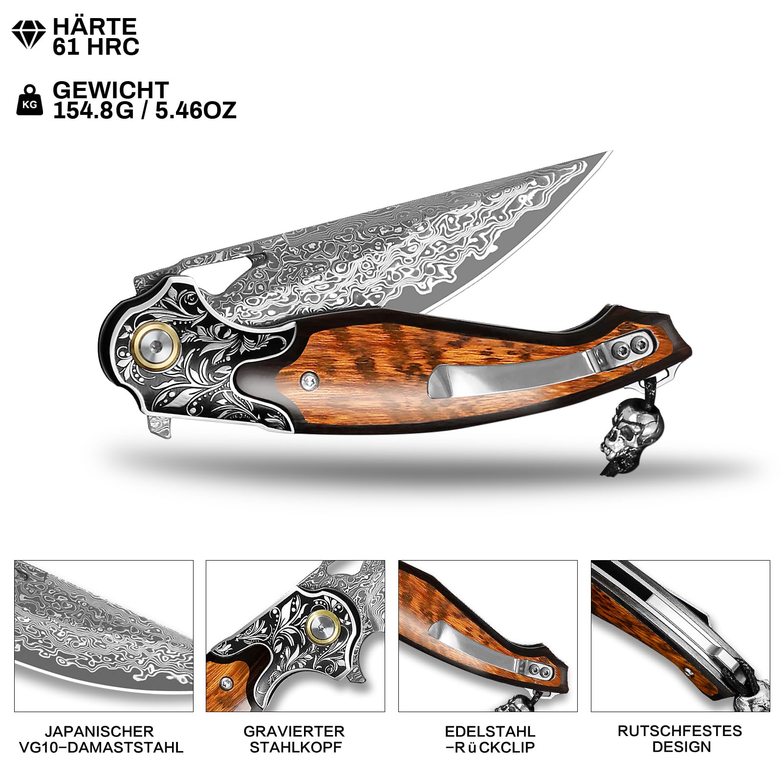 Handgefertigtes Taschenmesser aus Damaszenerstahl, Unisex-Klappmesser mit Lederscheide und Taschenclip, mit rutschfestem Holzgriff. Ideal für Outdoor-Abenteuer und als EDC-Campingmesser.