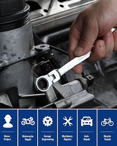 Miniatura 6 de WORKPRO Llave combinada de trinquete de 12 pulgada SAE, CR-V construida con cromado pulido espejo, diseño de 12 puntos, desplazamiento de 15 grados