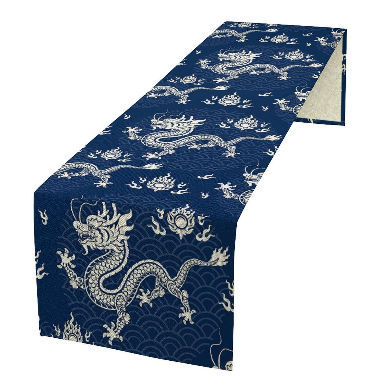 JanJCurt Chinese Dragon Table Runner, Traditional Asian Blue Paper Cut Art Dragon Fire Happy Chinese New Year Table Runner for Home Kitchen Dining Table Party Decor, 13x60inch
