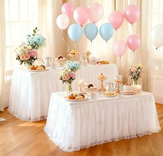 2-Pack White 2-in-1 Tulle Tablecloth for 4-Foot Rectangular Table