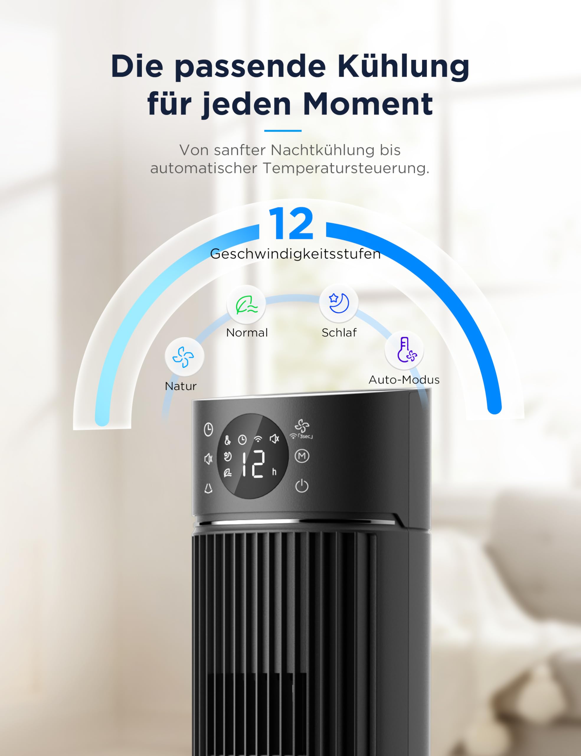 Midea FZ10-26ARDW Smart Turmventilator, 19 dB flüsterleise, DC-Motor, 4 Modi & 12 Stufen, 24h Timer, App-Steuerung, Schwarz, 105cm