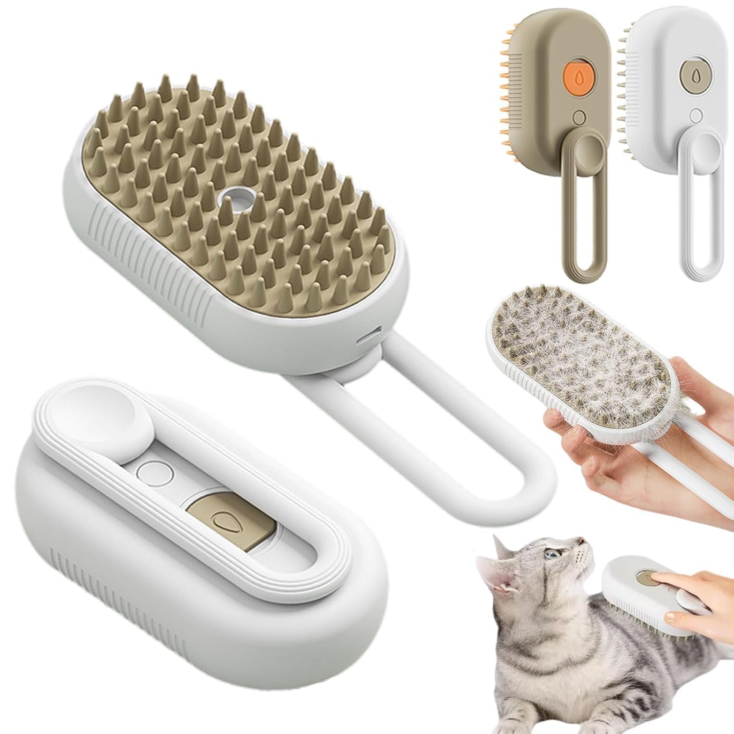 3 in 1 Cat Steam Brush for Shedding, Cleaning & Massage, USB Rechargeable Pet Spray Hair Removal Comb for Long/Short Haired Cats & Dogs (White)