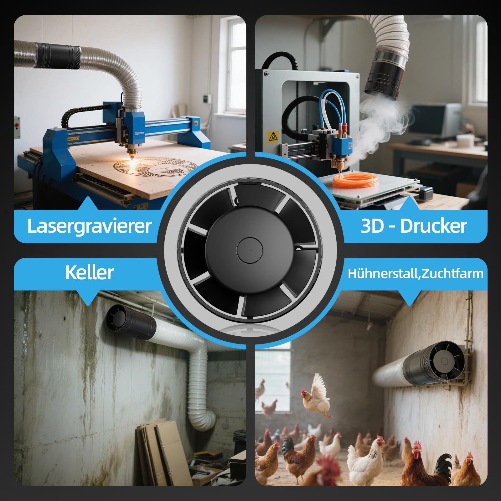 Rohrlüfter 100mm Regelbar, Rohrlüfter 8 W, 310 m³/h, Überhitzungsschutz Ventilator, Kanalventilator, Inline Abluftventilator für Grow-Zelte, Gewächshaus, Badzimmer, Keller, Garage, Küche