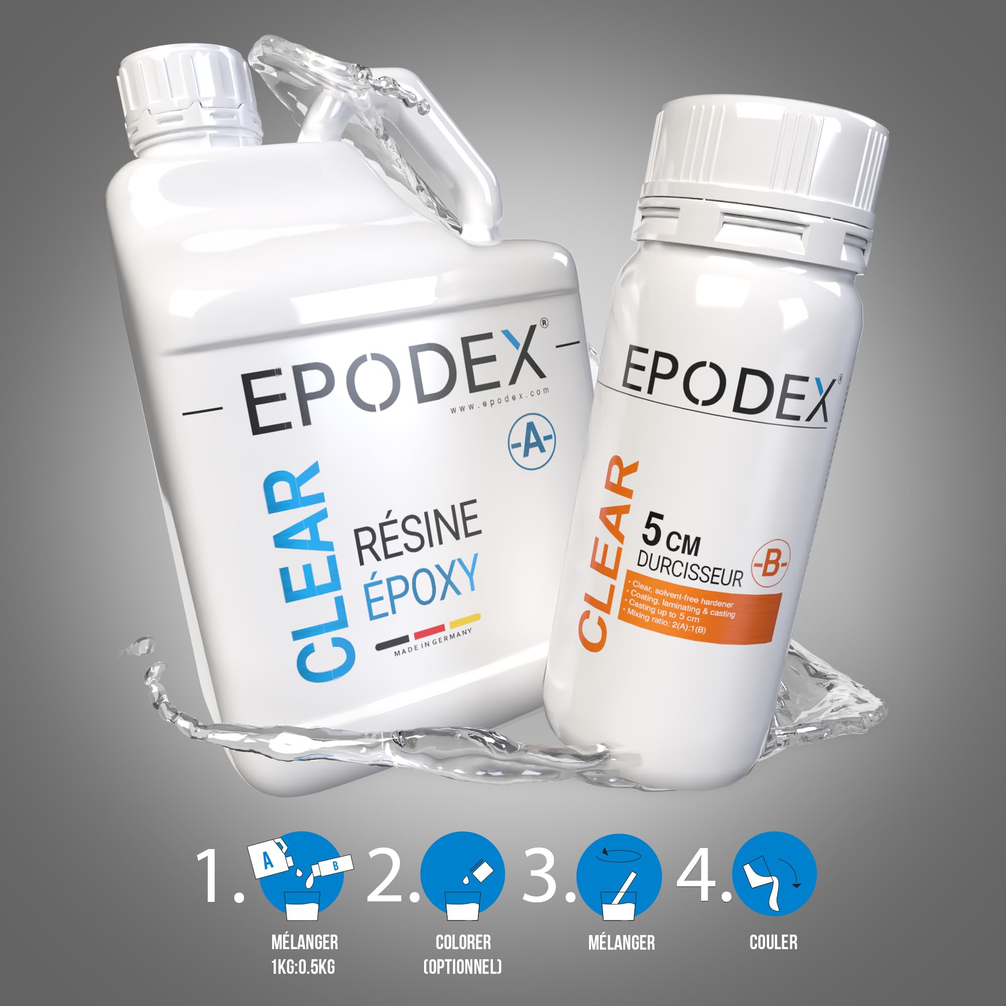 Kit résine époxy ECO+ EPODEX | Résine époxy transparente pour des coulées jusqu’à 5 cm | Kit de résine de coulée avec ou sans pigments de couleur | Pour table rivière, lampe, hautes coulées et plus