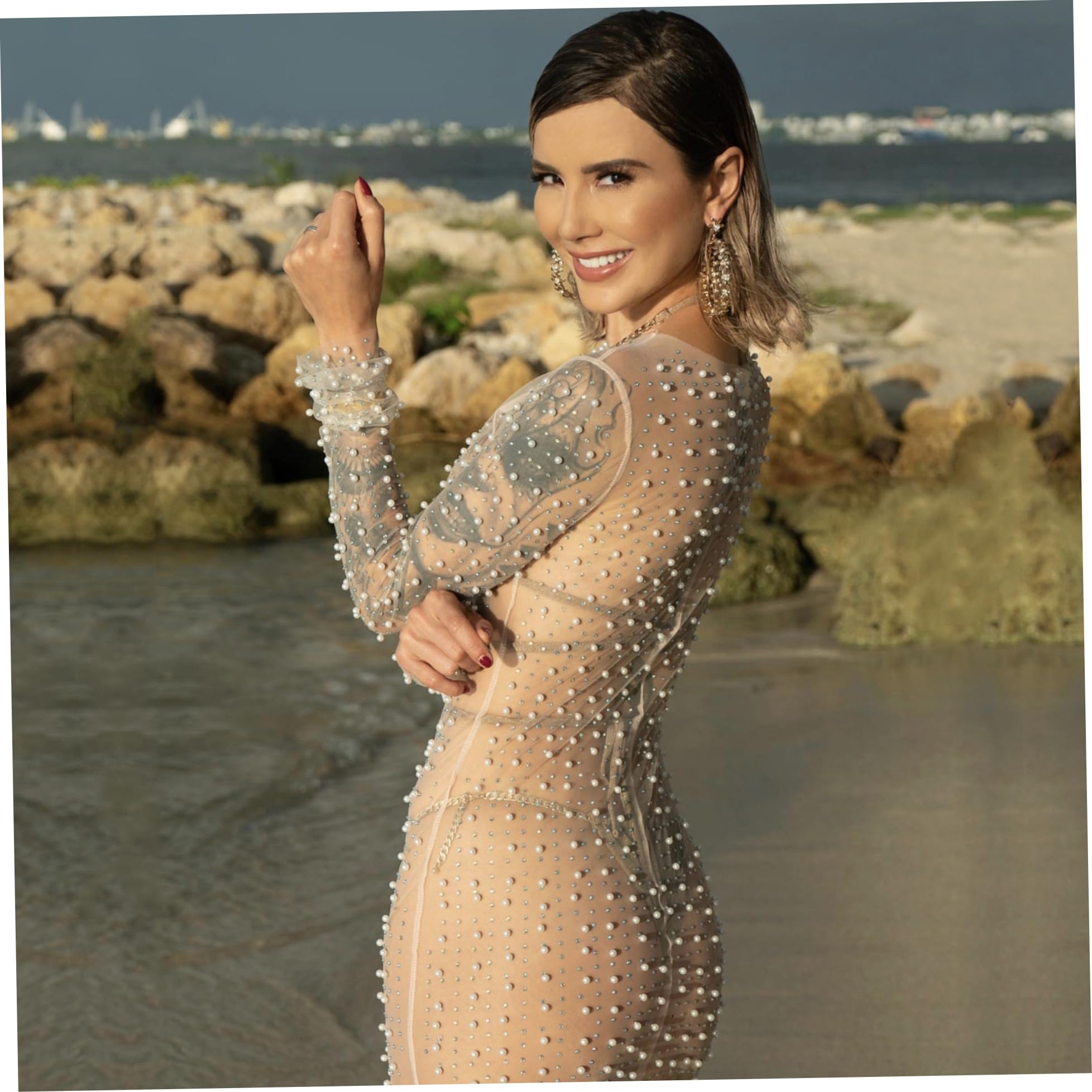 Generic Sexy Women Pearl Dress Sheer Mesh Pearl Rhinestone Cover up Dress  Beach Bikini Coverups Beige