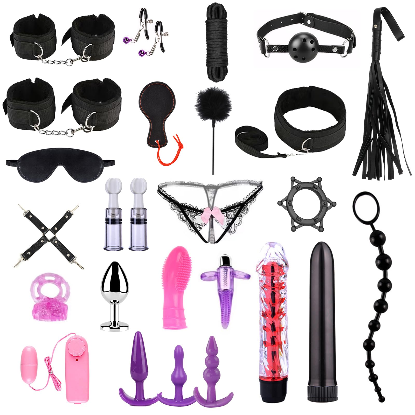 Kit BDSM Bondage 26 Pièces Qoosea pour Couples Menottes Réglables Entraves Cheville Collier avec Set de Plug Anal Pinces à Tétons Fouet Cache-yeux Boule Baillon Jouets Vibrants pour Jeu Sensuel Adulte