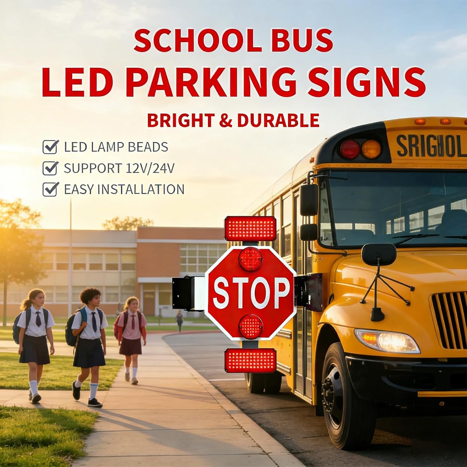 Reflective LED School Bus Stop Paddle - Double-Sided Flashing Sign with Controller for 24V Vehicle Installation - Safety Stop Sign for Buses and Traffic Control