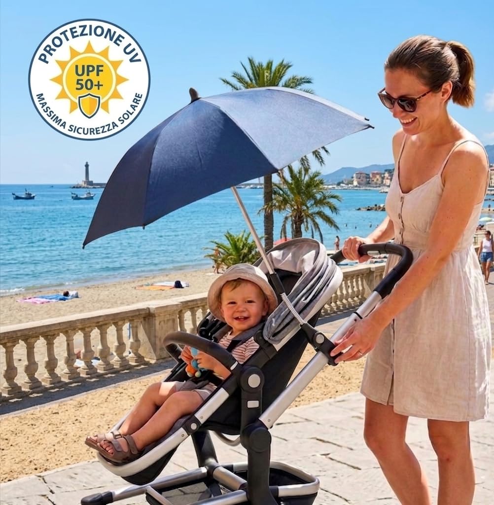 TC BABY'S Ombrellino per Passeggino, Universale, Anti UV, Ombrello Parasole, Protezione bambini (Blu)