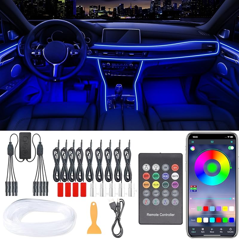 Interior Car LED Strip Lights, 9 in 1 RGB Wireless Ambient Lighting Kit | APP/Remote/Button Control, USB 12V, 16 Million Colors & 29 Modes, Inside Car Lighting Accessories