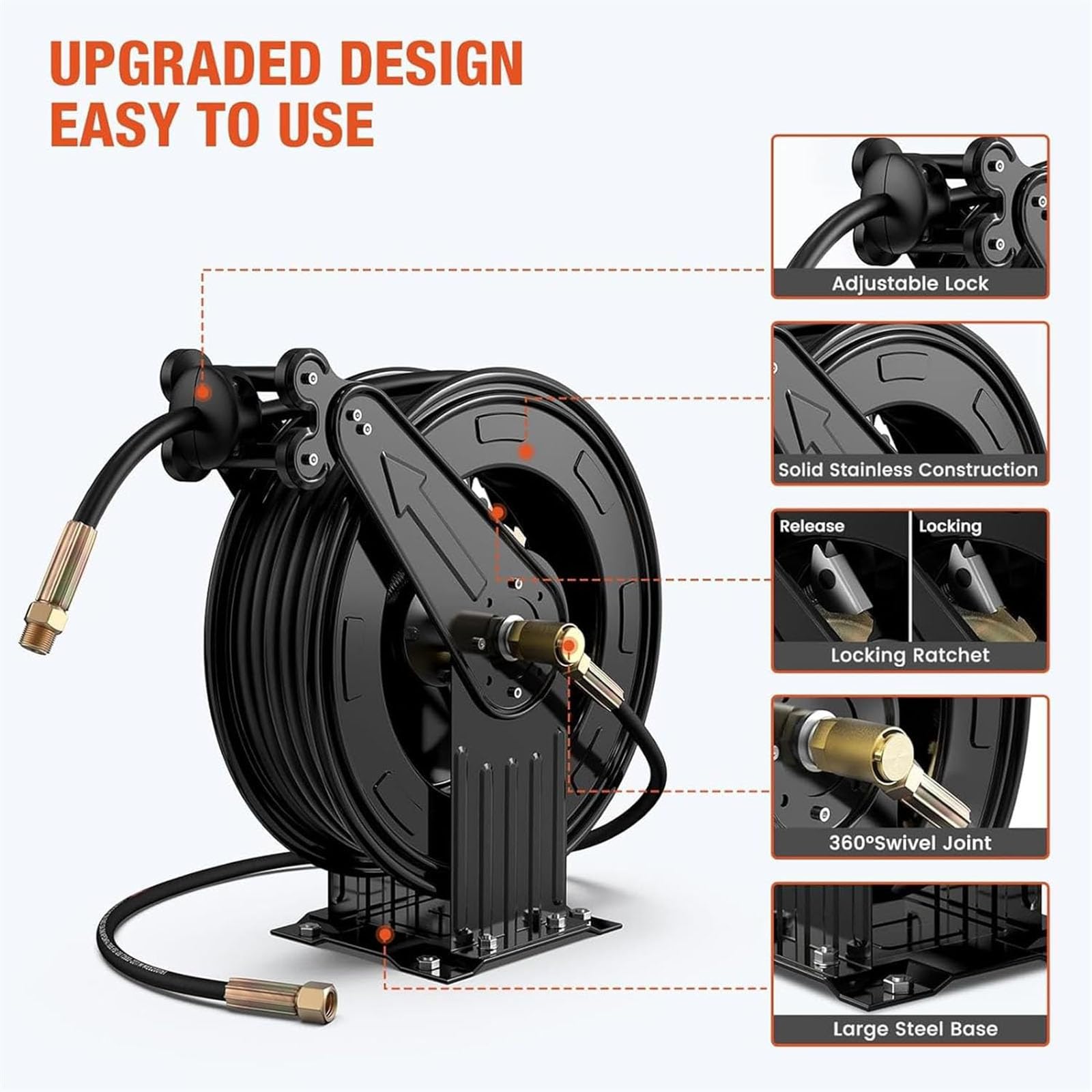 Enrouleur de tuyau de nettoyeur haute pression, design rétractable à double bras, rembobinage automatique, acier haute performance pour air, huile, eau