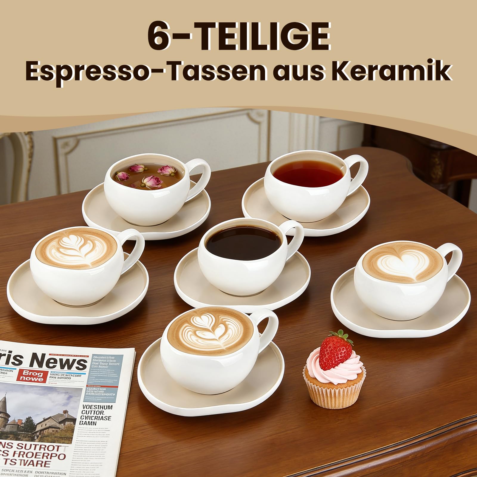 Filiżanki do cappuccino, filiżanki do kawy 200 ml, ze spodkami, serwis do kawy 6 osób, zestaw filiżanek do cappuccino, ceramiczne kubki do kawy, cappuccino, latte, americano i herbaty, jasnobeżowy