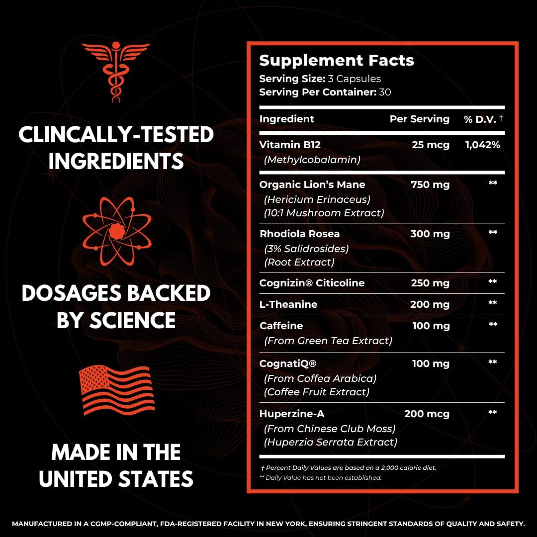 Advanced Nootropic Brain Supplement for Energy, Memory, & Focus | Lion's Mane, Caffeine, L-Theanine, and 5 Additional All-Natural Ingredients to Improve Cognitive Health (90 Capsules) - Image 5