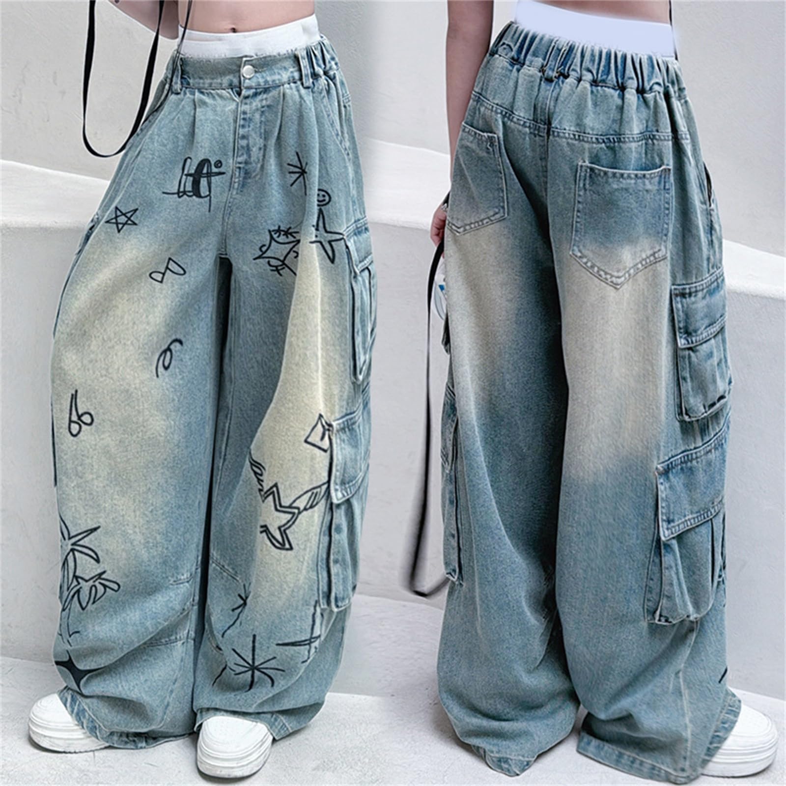 Generisch Jeans per ragazze con motivo a cuore, vita alta, elastico, gamba larga, pantaloni in denim, look usato, carino casual