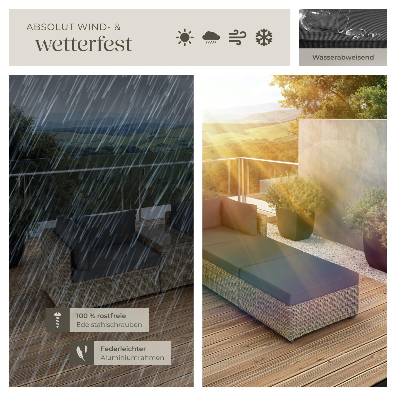tectake® Luxus Rattan Lounge Set Outdoor, modulares Sofa mit Couch Tisch und Hocker, Balkon Möbel, Garten, Terrasse, Aluminium Gartenmöbel Set wetterfest, Balkon Lounge, Gartenlounge - Natur