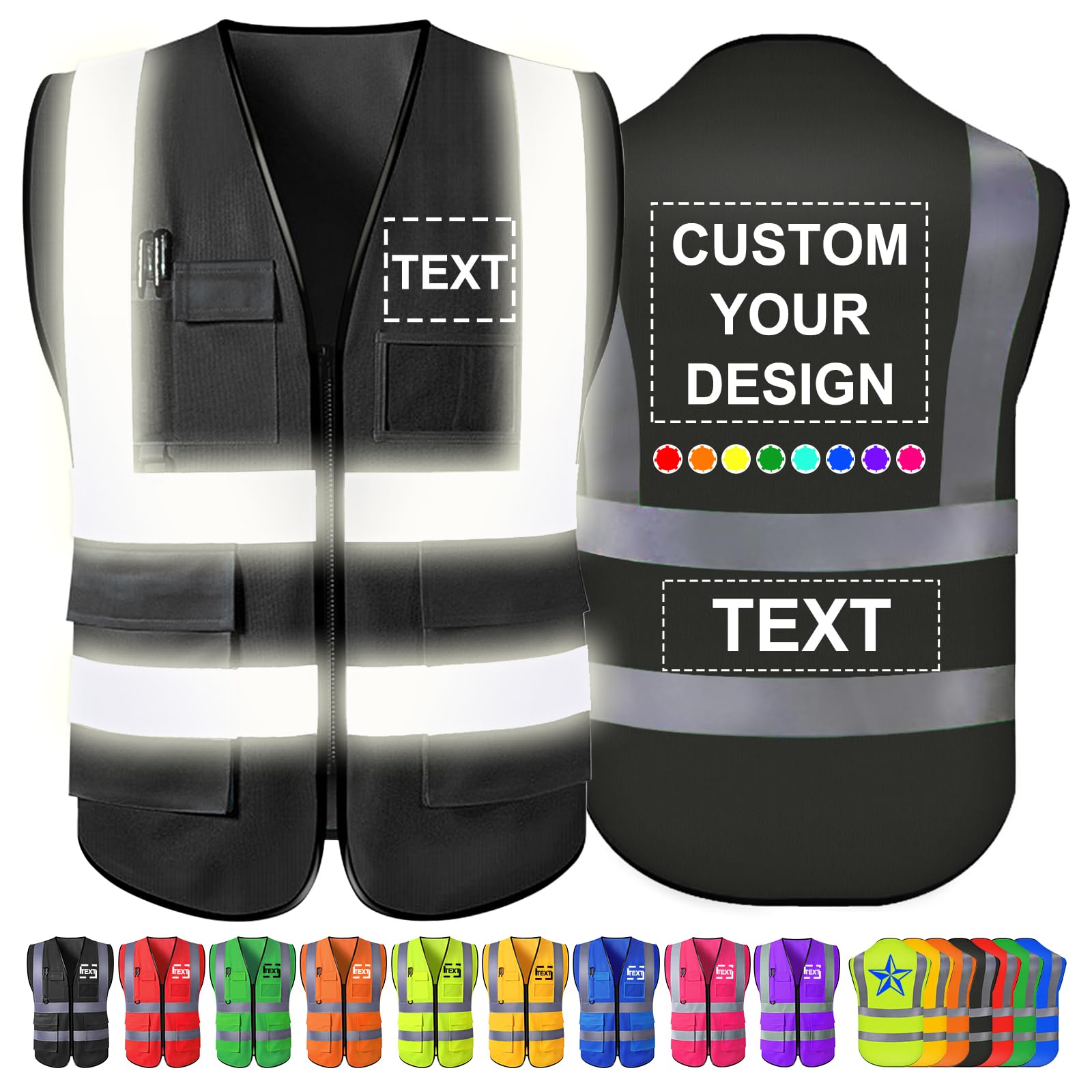 Custom Safety Vest Men Women High Visibility Reflective Personalised Logo Hi Vis Vests Pockets Zipper Construction Work,S-5XL