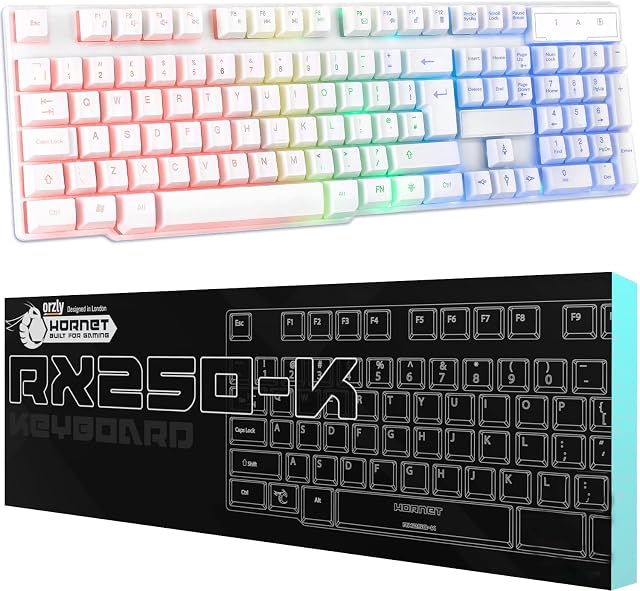Orzly Gaming Keyboard white RGB USB Wired Rainbow Keyboard Designed for PC Gamer PS5, Laptop, Xbox, Nintendo Switch, RX-250 Hornet Edition - Siberia White edition
