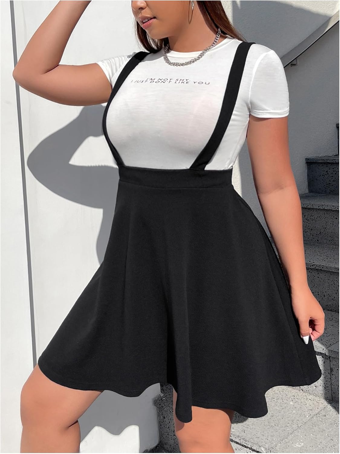 OYOANGLE Women's Plus Size Suspender Skirt High Waist Ruffle Hem Straps Overall Pinafore Dress - Image 5
