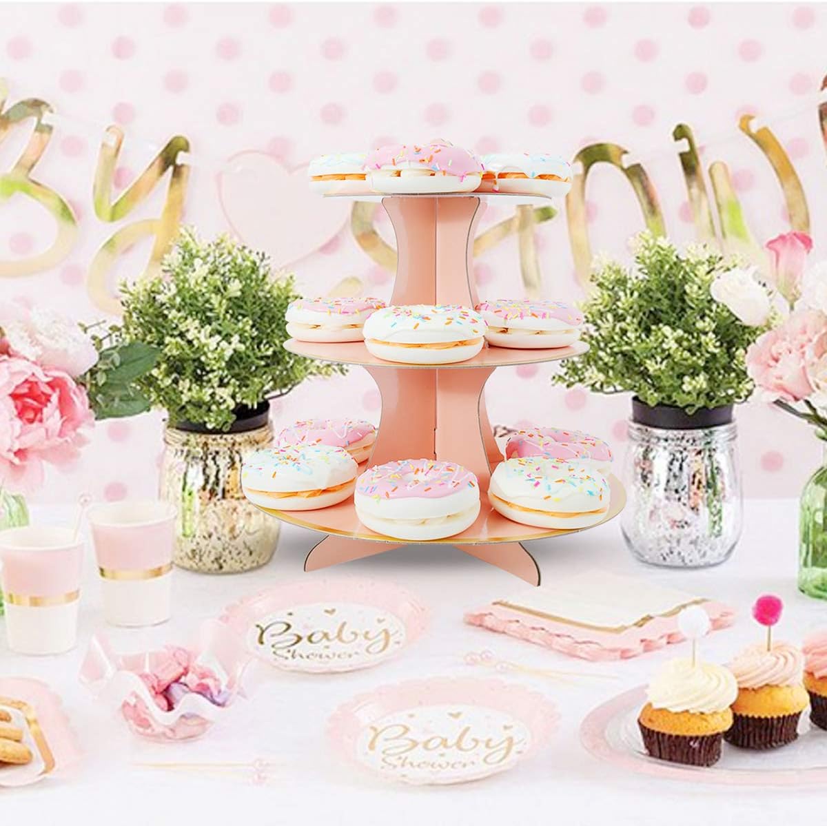 2 Set Pink Gold 3-Tier Round Cardboard Cupcake Stand for 24 Cupcakes Perfect for Girls Pink and Gold Birthday Baby Shower Party Supplies