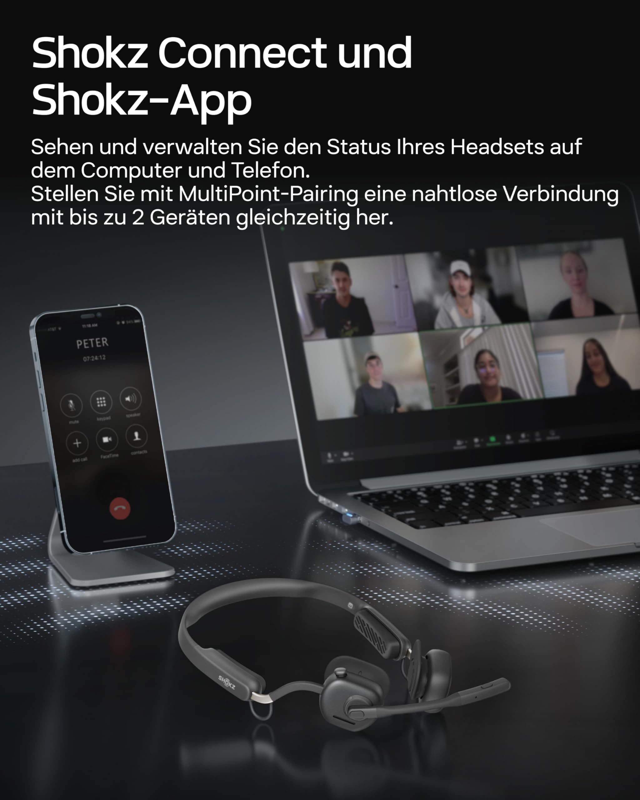 SHOKZ OpenMeet Open-Ear-Headset mit 2 Mikrofonen | Bluetooth 5.4, 15 Std. Akku, Noise-Cancelling-Mikrofone, Schnellladung, Arbeit, Anrufe und Meetings