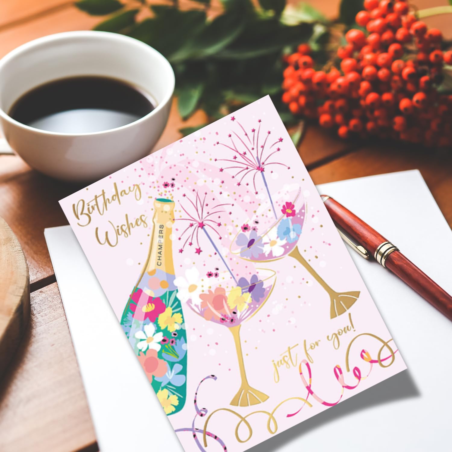 Geburtstagskarte Für Frauen Mit Champagner-Motiv – Goldgeprägt & Umweltfreundlich – Perfekt Für Freundin & Familie