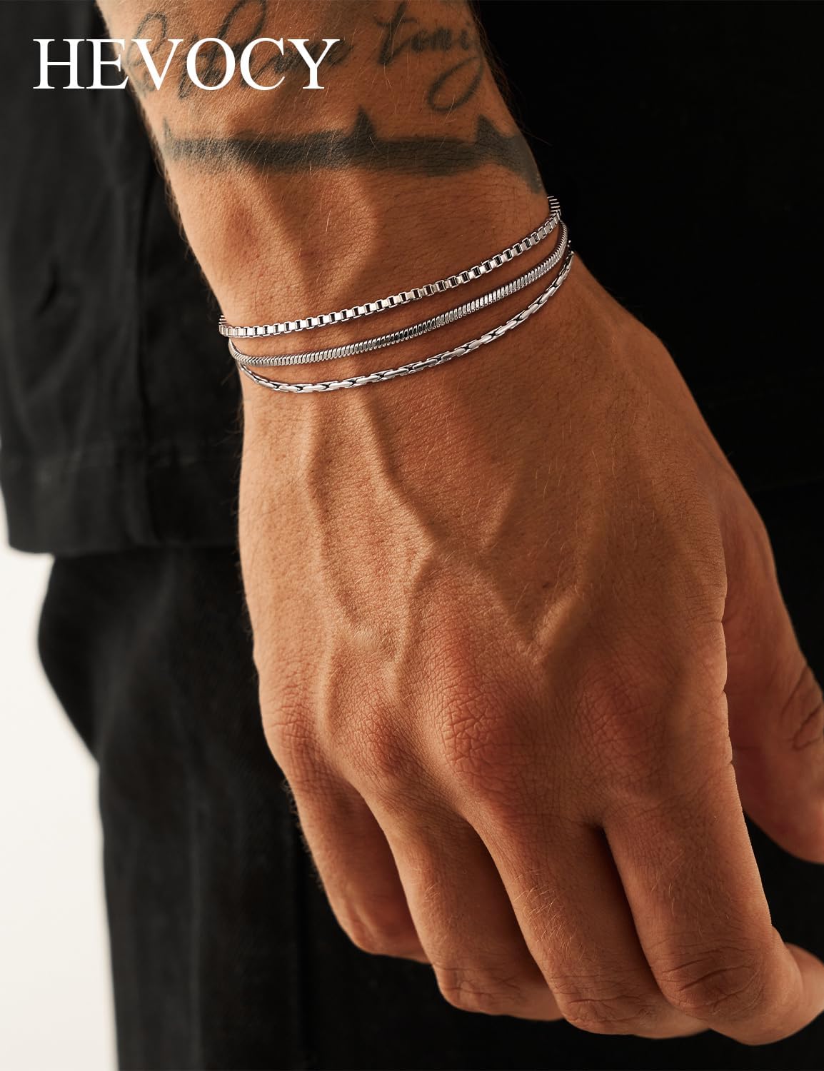 Mens Silver Bracelet Set, 3PCS Dainty Stainless Steel Chain Bracelets for Men, Adju... - Image 2