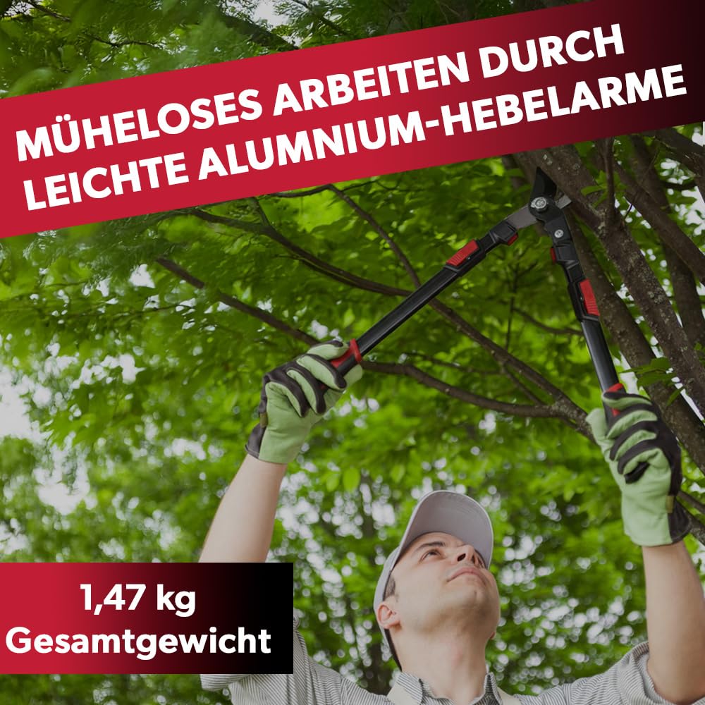 Siwitec Teleskop Bypass Getriebeastschere SG-21, Baumschere für frisches Holz bis Ø 40 mm, Kohlenstoffstahl, Länge 66-92 cm