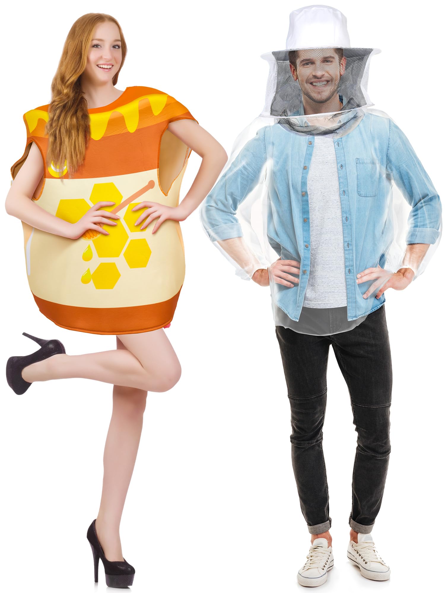 Panitay Jar of Honey Halloween Costume Set Beekeeper Couples Outfits Cosplay Bee Jacket Honey Pot for Bee Ventilated Beekeeping Suit for Women Men Halloween Party Supplies