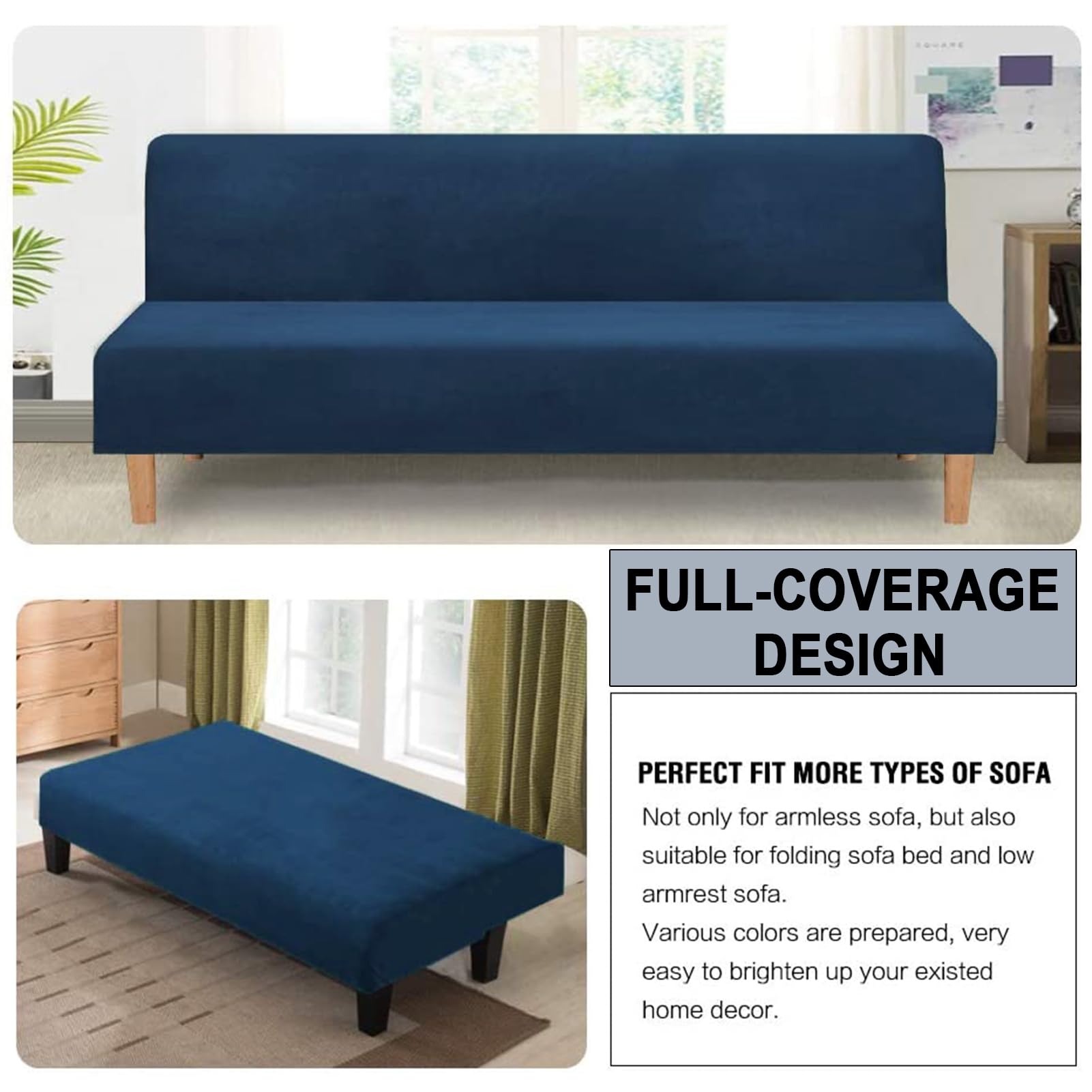 Sofá Cama sin Reposabrazos | Funda Elástica de Terciopelo | Protector Antideslizante y Lavable | con Ajuste Universal y Compatibilidad Plena (Azul Marino)