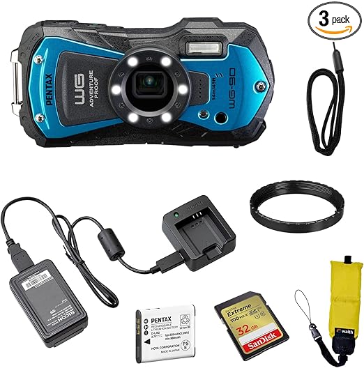 Pentax WG-90 Waterproof Digital Camera (Blue) | 2.7" LCD Monitor with 32GB Extreme UHS-I SDHC Memory Card and Waith Camera Strap (Yellow) (Essential Bundle)