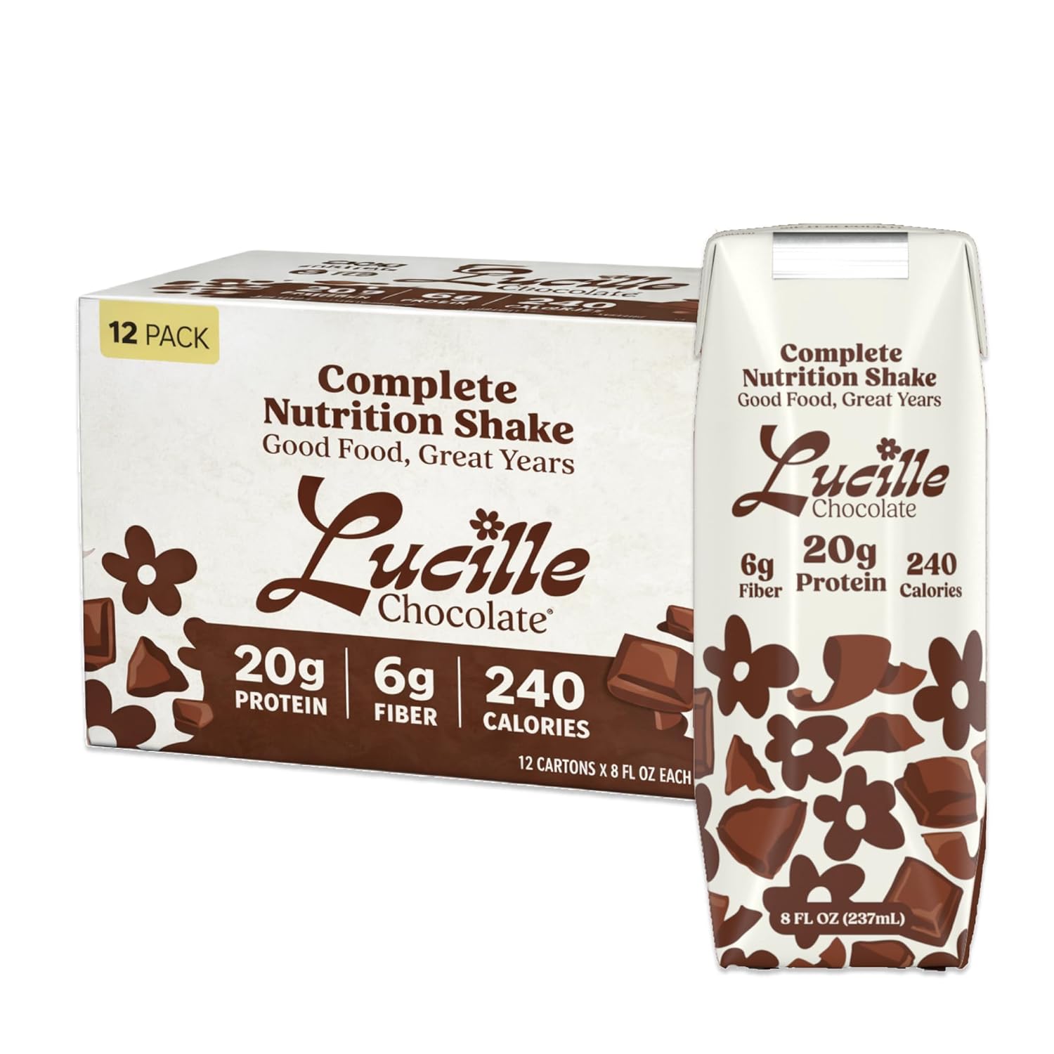 Lucille Complete Nutrition Meal Replacement Shake | Chocolate | 240 Cal, 20g Protein & 6g Fiber | Lactose Free, Gluten Free, No Soy or Seed Oils | Ready to Drink Shake for Adults & Seniors | 8 oz, 12 Pack